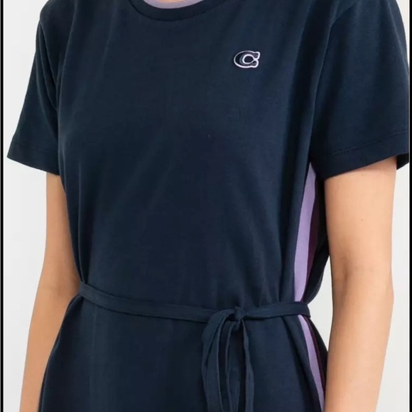 Coach Logo T-Shirt Midi Dress Blue Purple Stripe Self Tie Small M2 - Picture 2 of 10